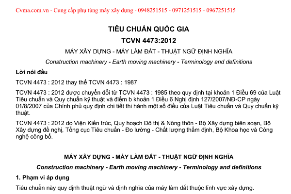 tcvn 44732012 - TCVN 4473:2012 - Máy xây dựng, Máy làm đất, Thuật ngữ và định nghĩa